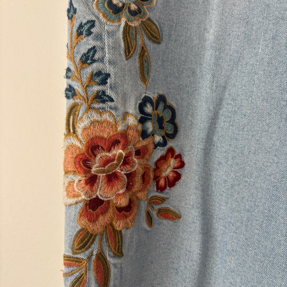 Driftwood Charlee Wide Leg Jeans Floral Embroidery Light Wash Denim Pink Orange - Picture 6 of 14
